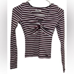 Hollister Striped Twist-Front Long Sleeve Top - Red/White/Light Blue/Navy